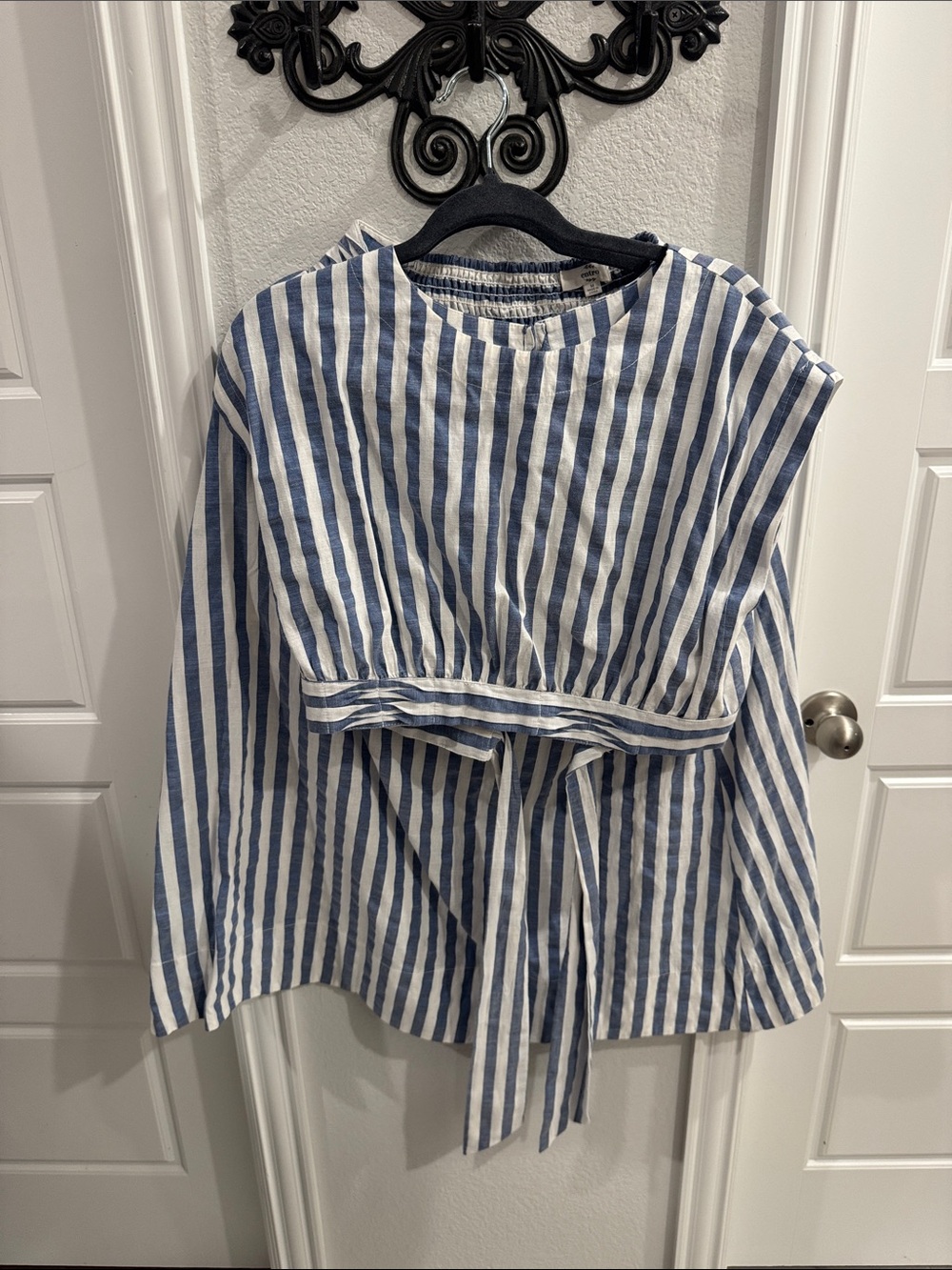 Blue and White Striped Tie-Waist Top and Skirt Set
